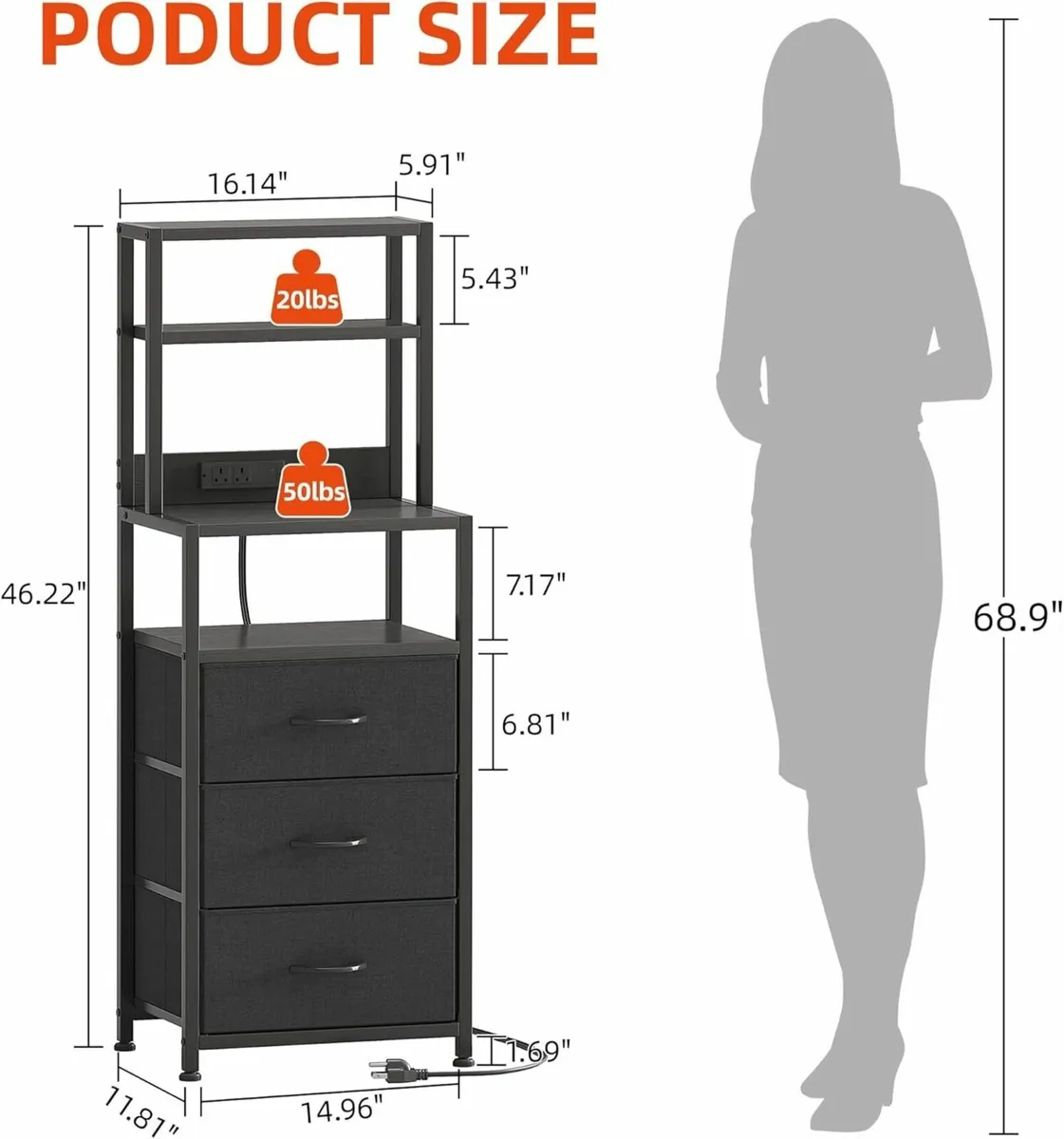 Bedside Table with 3 Drawers and Charging Station - Image 2