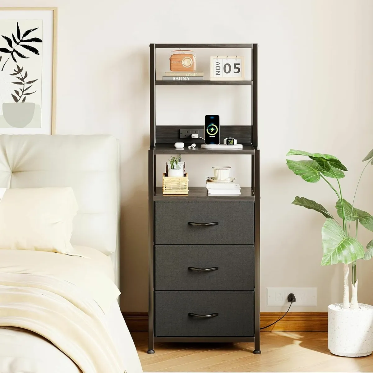 Bedside Table with 3 Drawers and Charging Station - Image 3