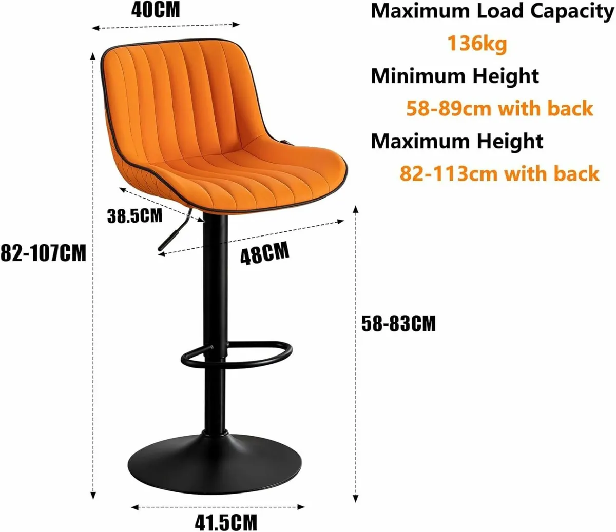 Orange Bar Stools Modern Design PU Leather Seat - Image 2