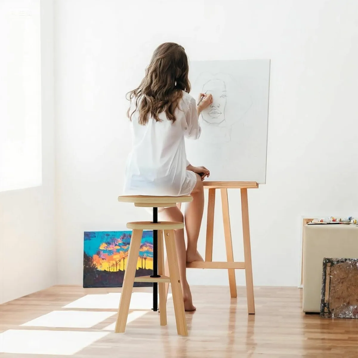 Wooden Drafting Stool 48-66cm Artist with - Image 2