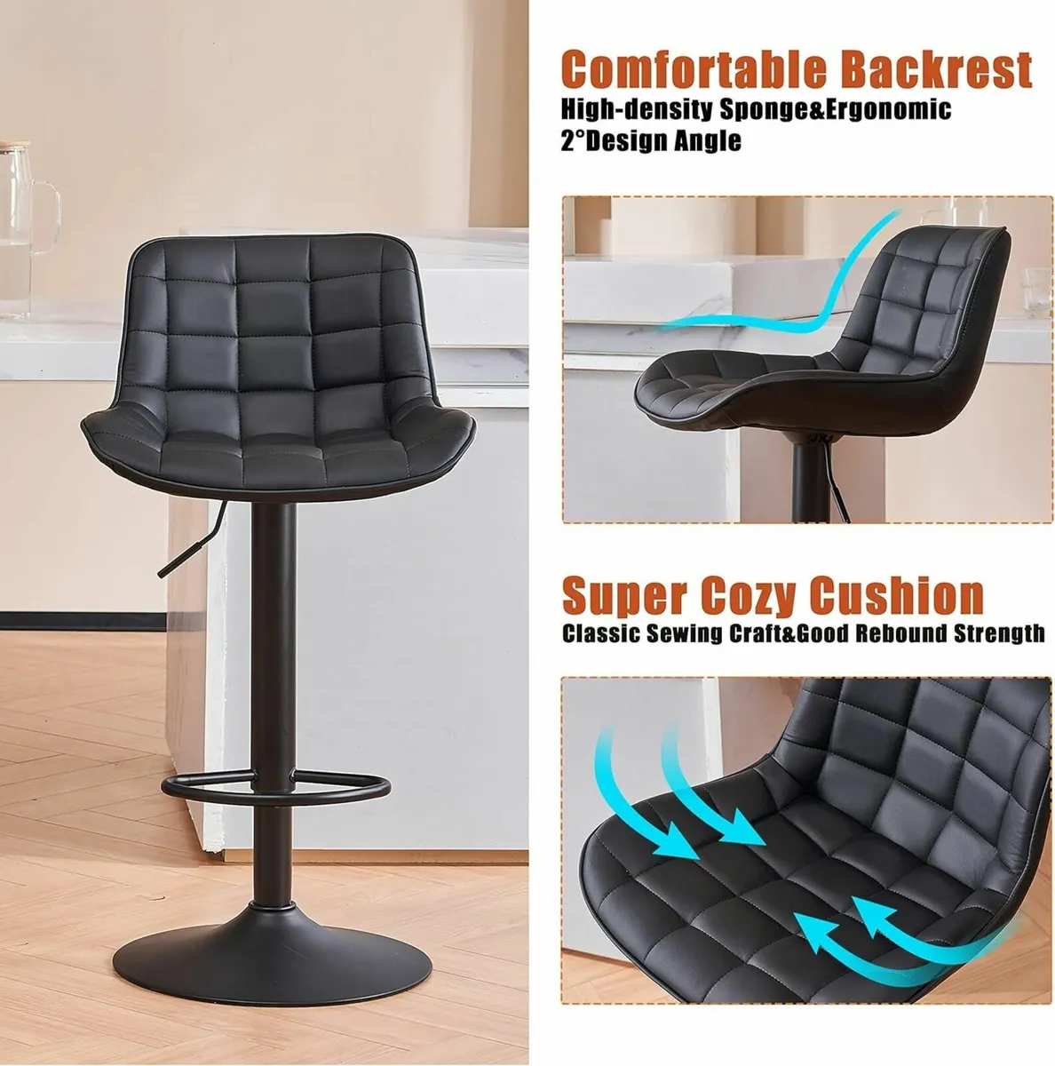 Modern Bar Stools Set of 2 PU Leather Height - Image 3