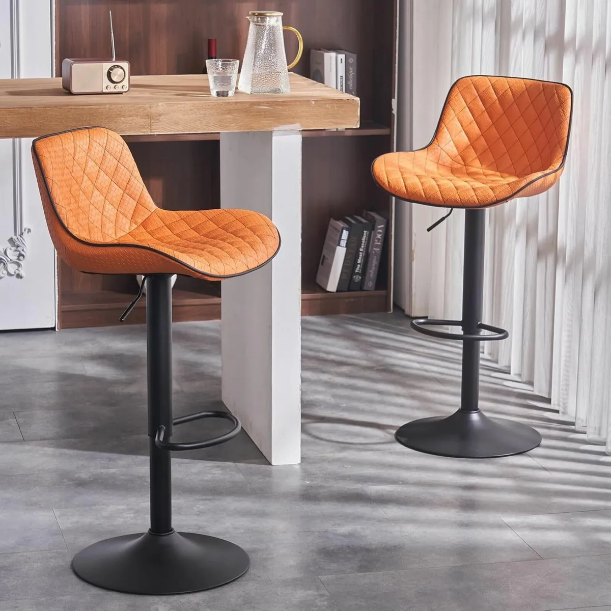 Woven Bar stools Set of 2 Orange PU Leather - Image 1