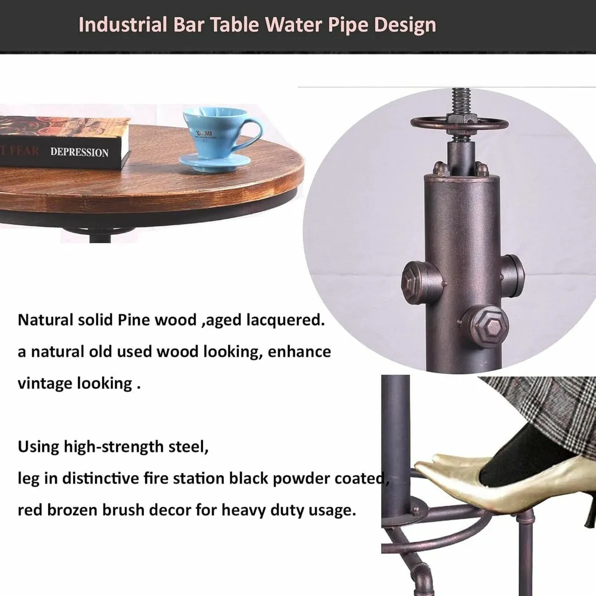 Industrial Bar Table 31.5-41.3 Adjustable Pub - Image 4