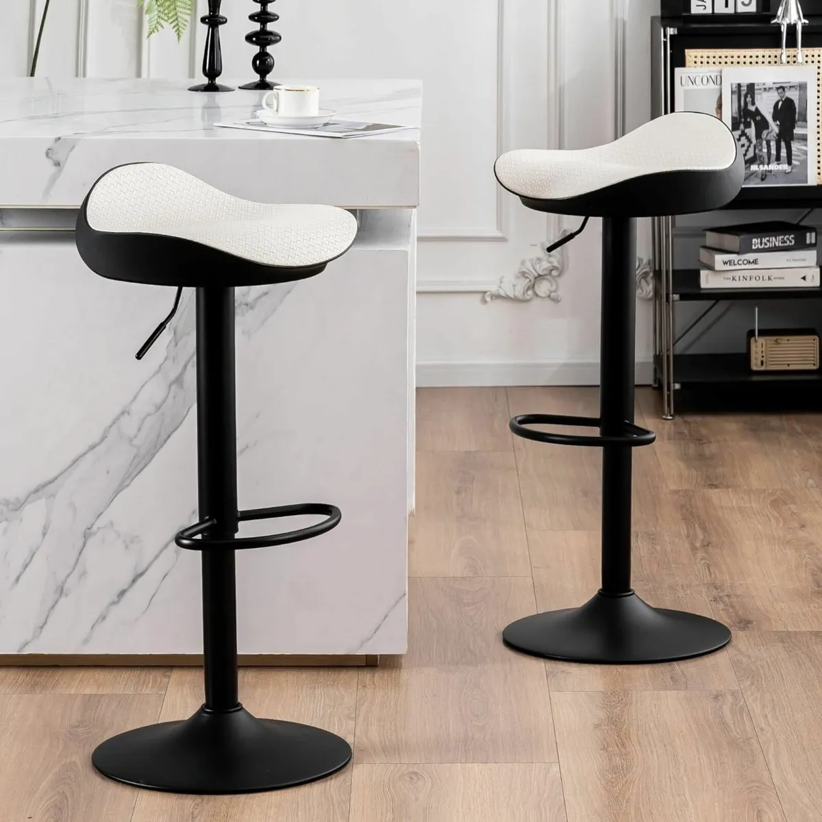 White Bar Stools Set of 2 PU Leather Woven Seat - Image 1