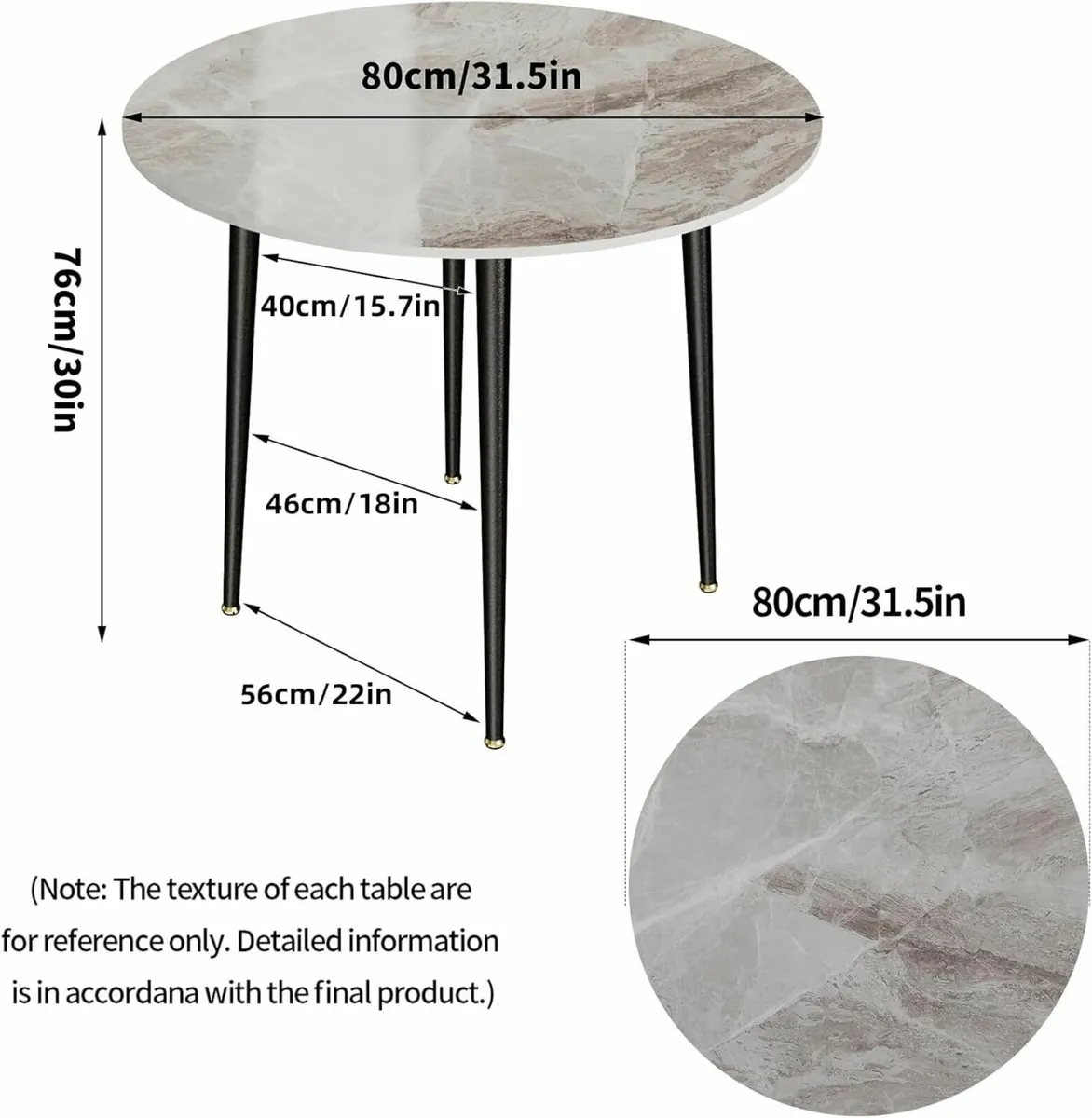 Kitchen Dining Table Marble Tabletop: Round 80cm - Image 2