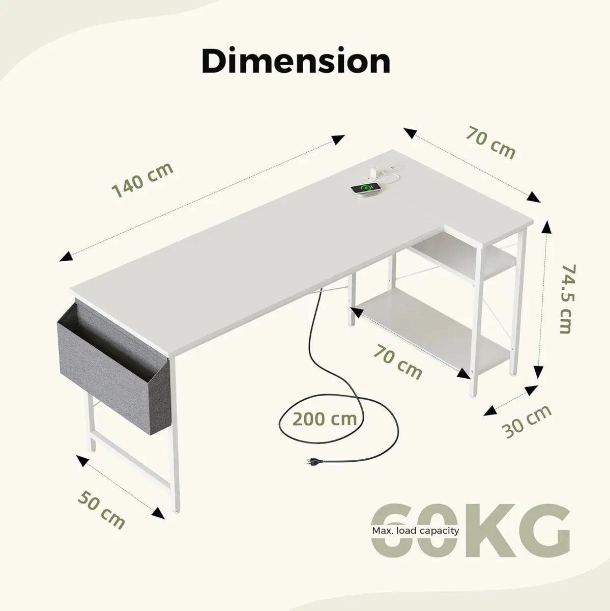 Small L Shaped Desk with Power Outlets 140x70 cm - Image 2