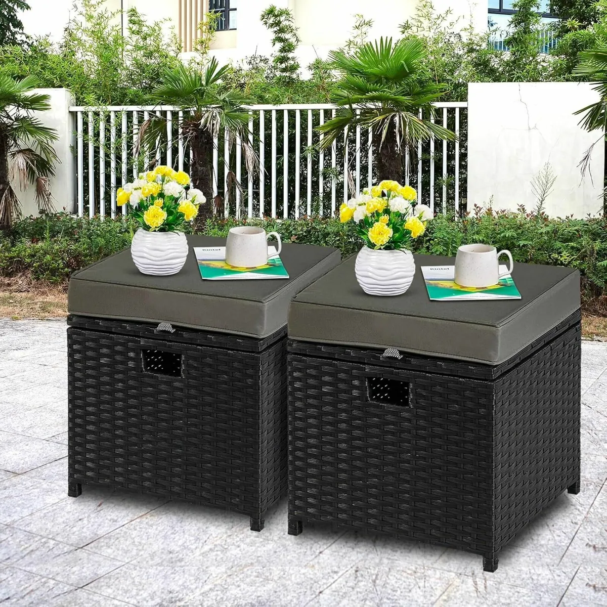 2 Pieces Outdoor Patio Ottomans PE Rattan Foot - Image 2