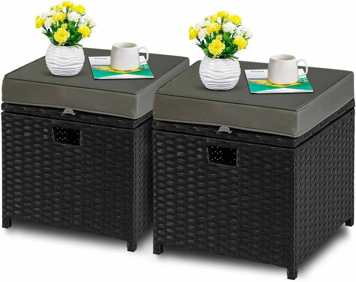 2 Pieces Outdoor Patio Ottomans PE Rattan Foot - Image 1