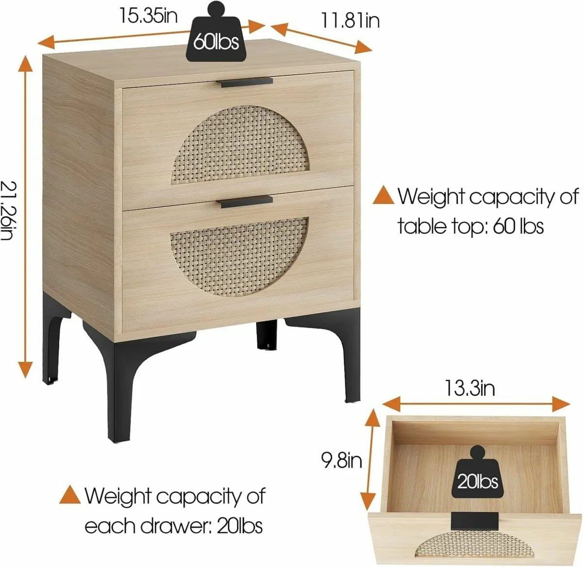Bedside Table Nightstand Bed Side with Wood - Image 3