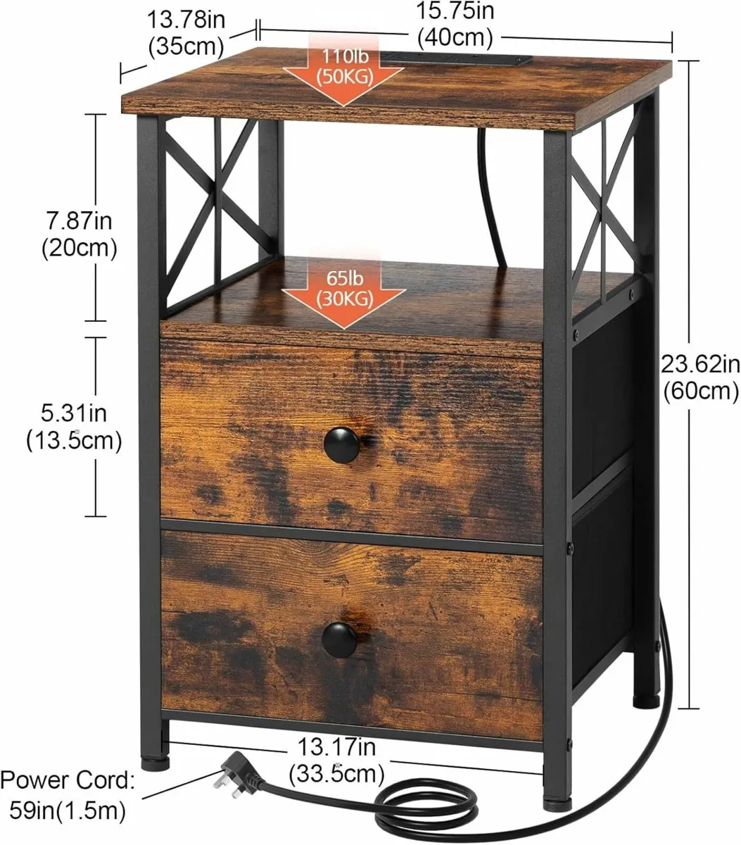Bedside Table Set of 2 Side with Charging Station - Image 3