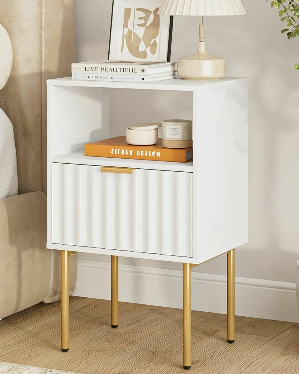 White Wooden Bedside Table with Gold Frame - Image 1