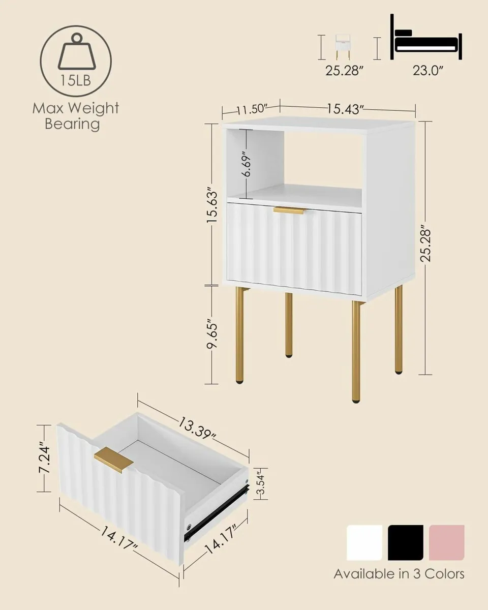 White Wooden Bedside Table with Gold Frame - Image 2