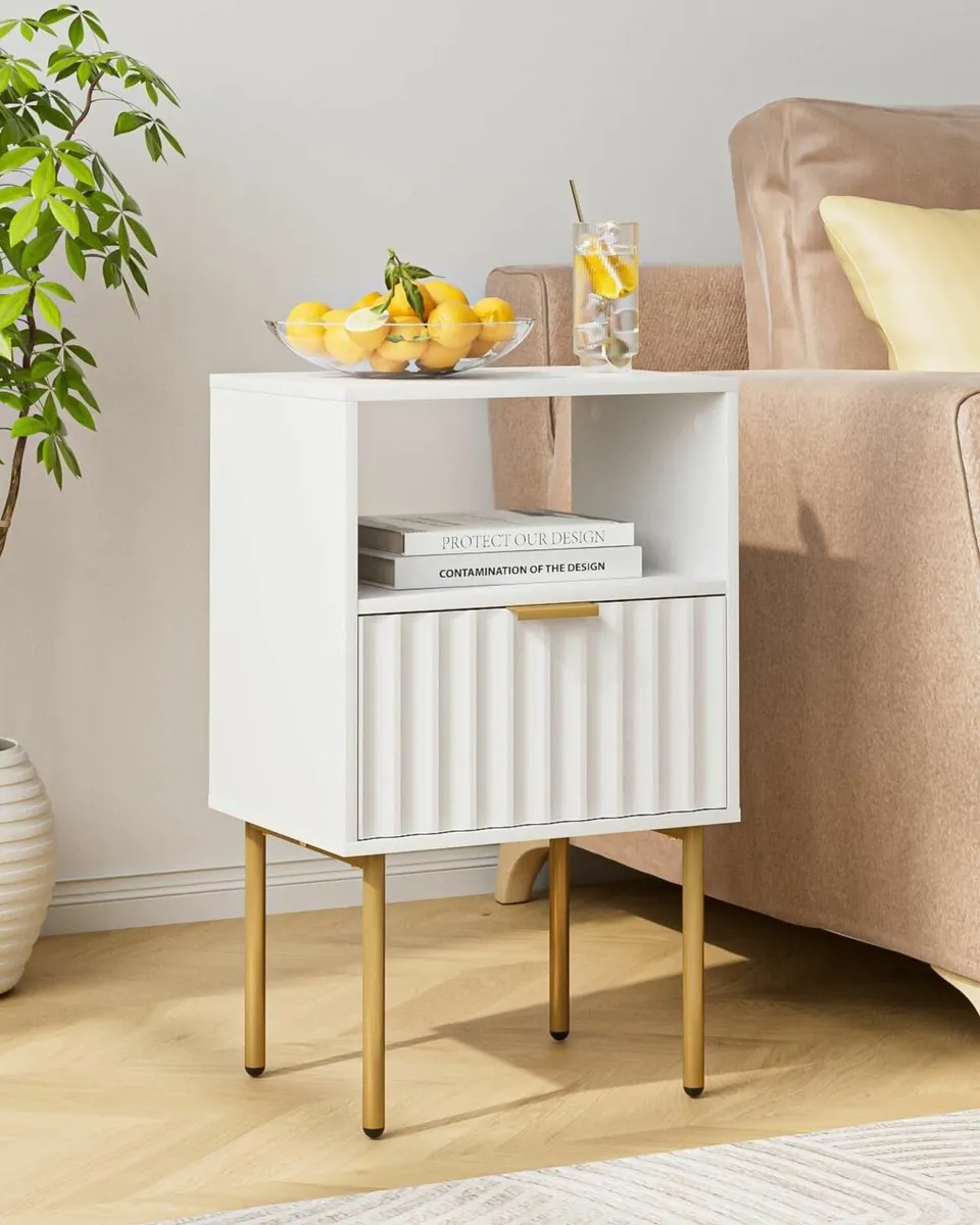 White Wooden Bedside Table with Gold Frame - Image 3