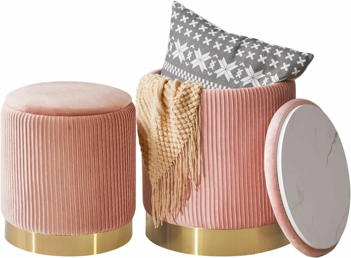 Set of 2 Round Ottoman with Storage Boucle Stool - Image 1