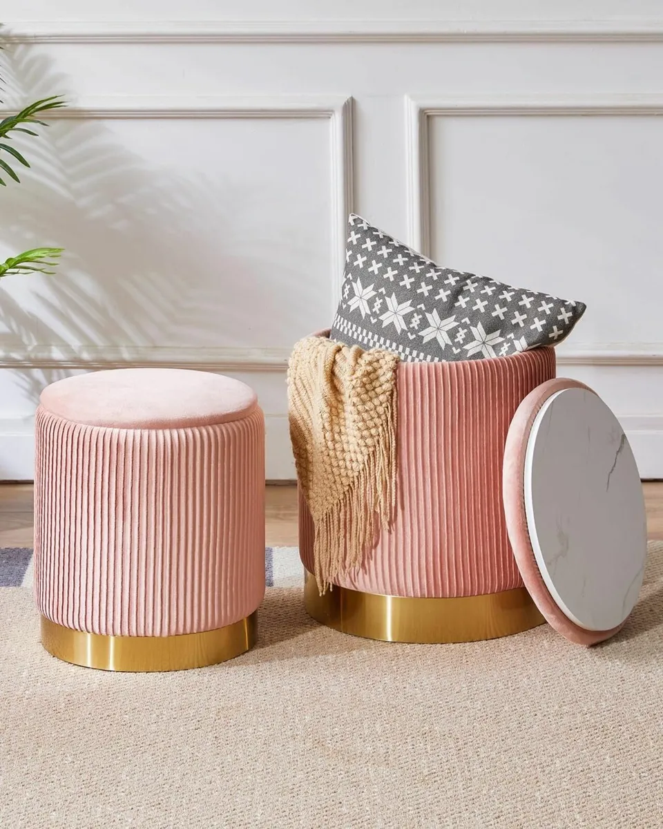 Set of 2 Round Ottoman with Storage Boucle Stool - Image 2