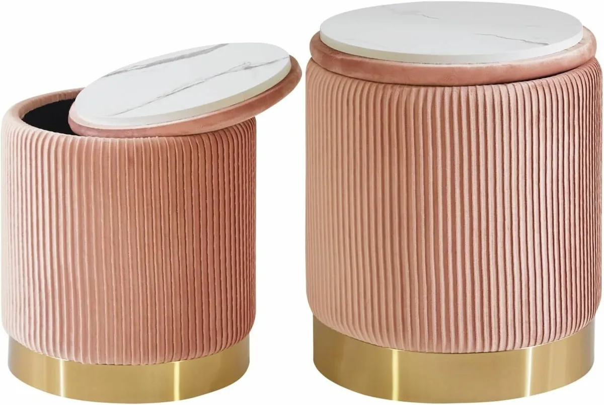 Set of 2 Round Ottoman with Storage Boucle Stool - Image 4