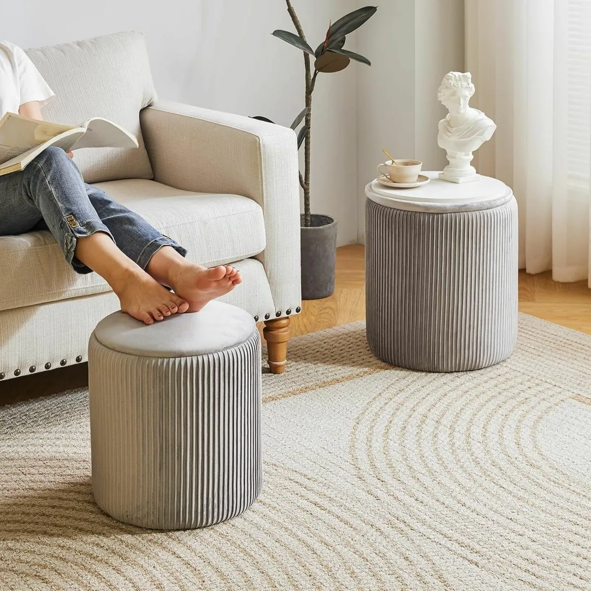 Set of 2 Round Ottoman with Storage Velvet Vanity - Image 2