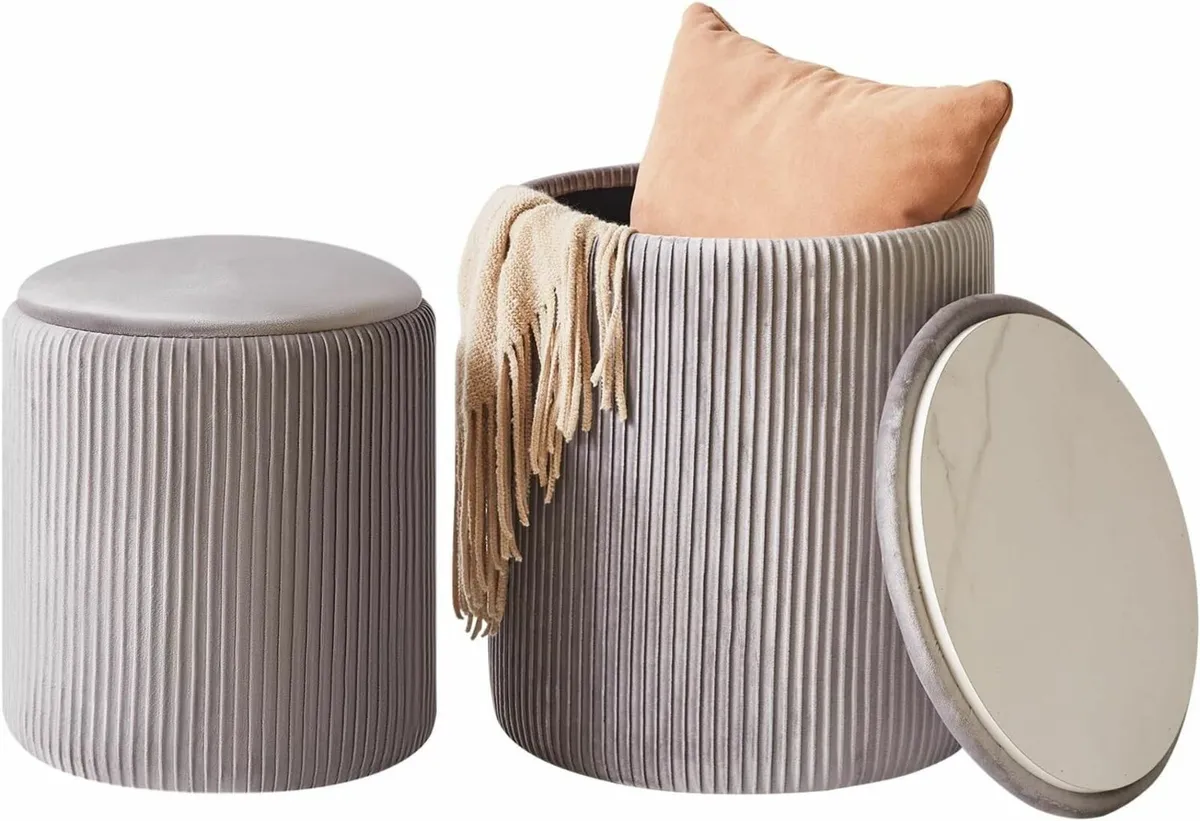 Set of 2 Round Ottoman with Storage Velvet Vanity - Image 1
