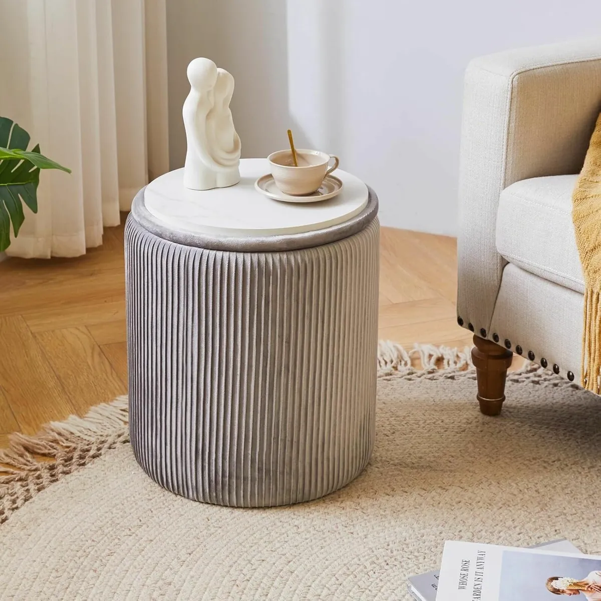 Set of 2 Round Ottoman with Storage Velvet Vanity - Image 4