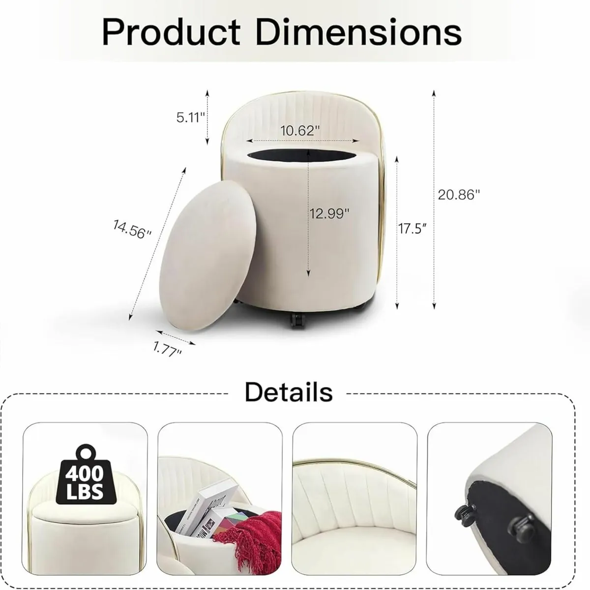 Round Storage Ottoman Upholstered Velvet Vanity - Image 2