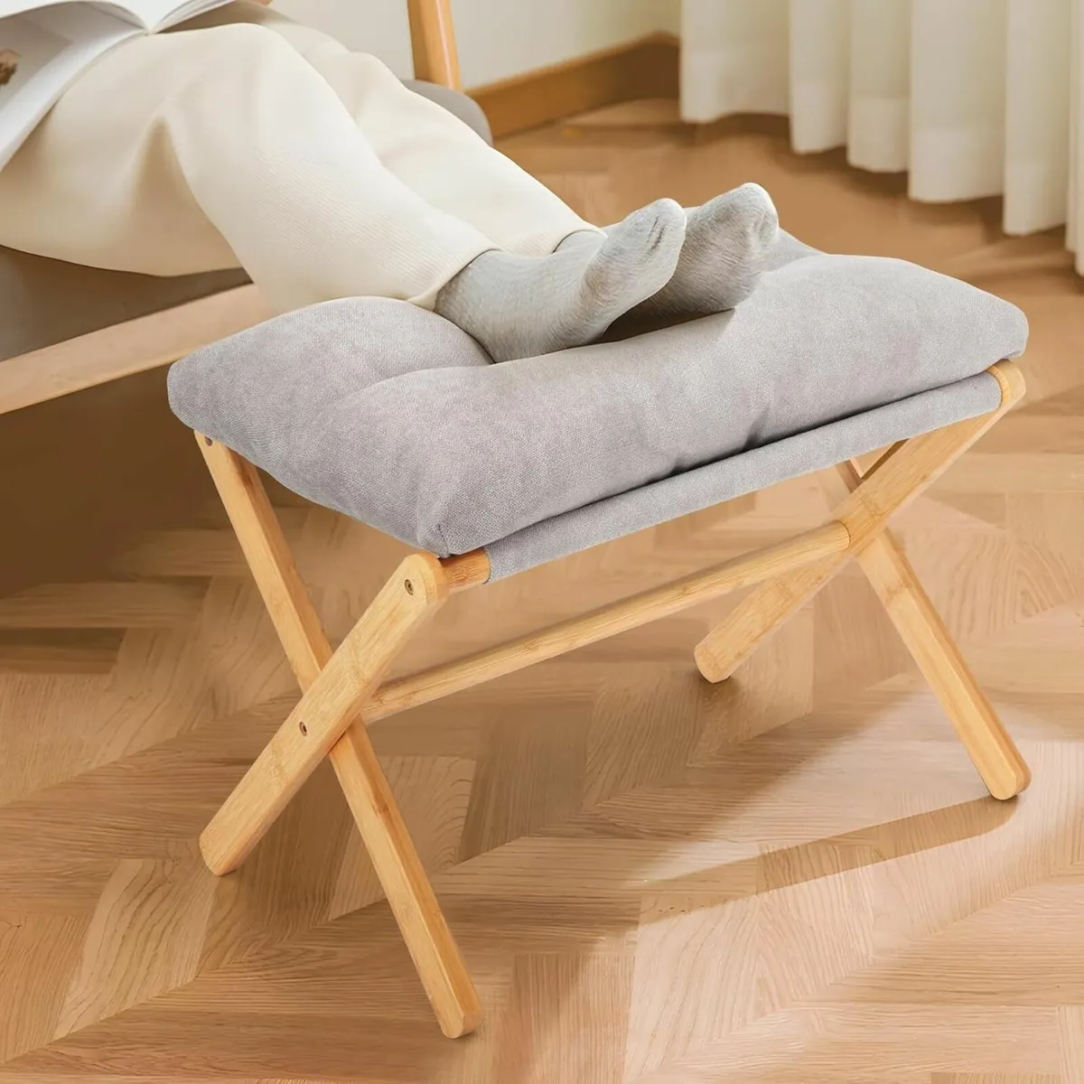 Folding Footrest Stool Bamboo Foot Rest Ottoman - Image 1