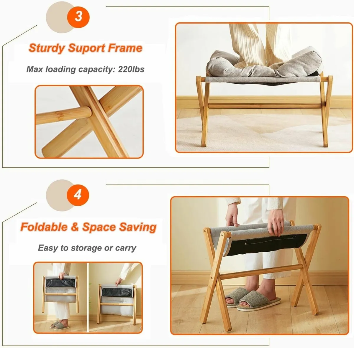 Folding Footrest Stool Bamboo Foot Rest Ottoman - Image 4