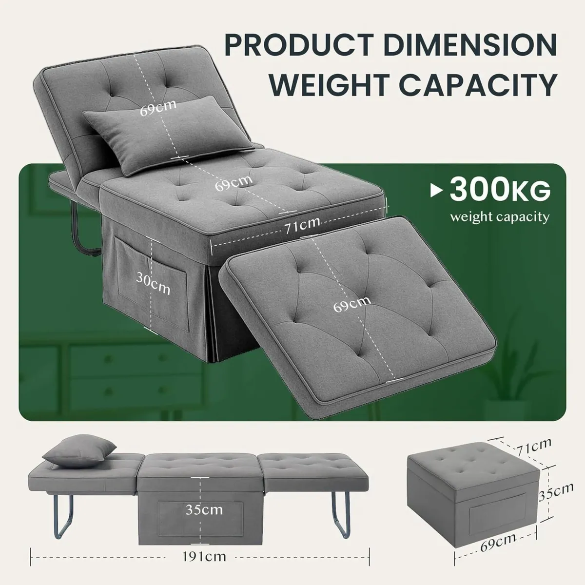 Sofa Bed 4-in-1 Folding Convertible Single Chair - Image 3
