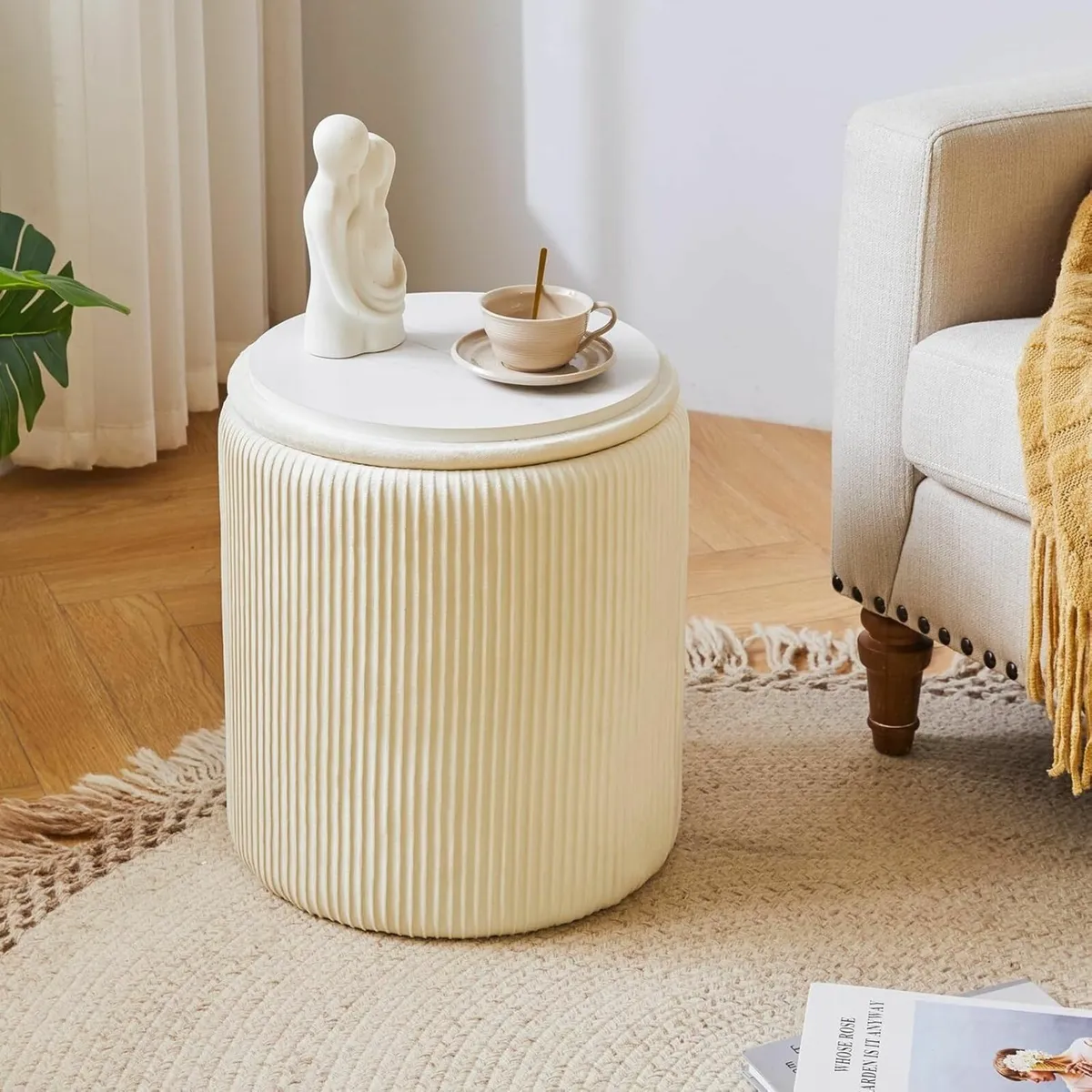 Set of 2 Round Ottoman with Storage Velvet Vanity - Image 4