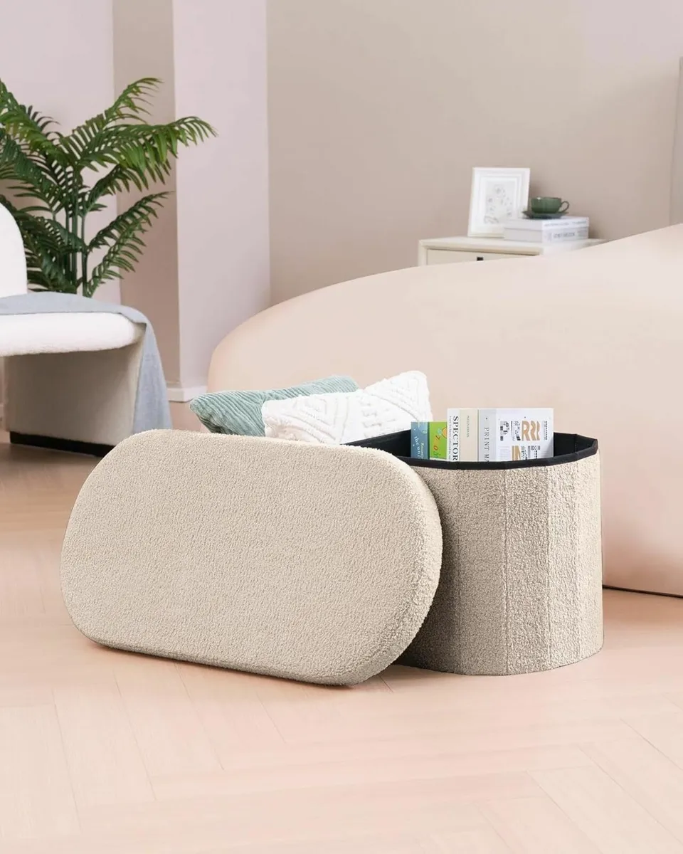 Folding Ottoman Storage Bench Boucle Footstool - Image 2