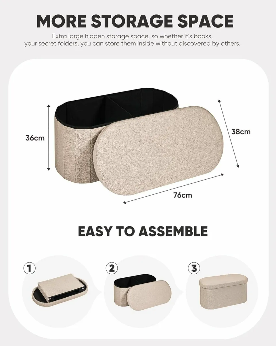 Folding Ottoman Storage Bench Boucle Footstool - Image 3