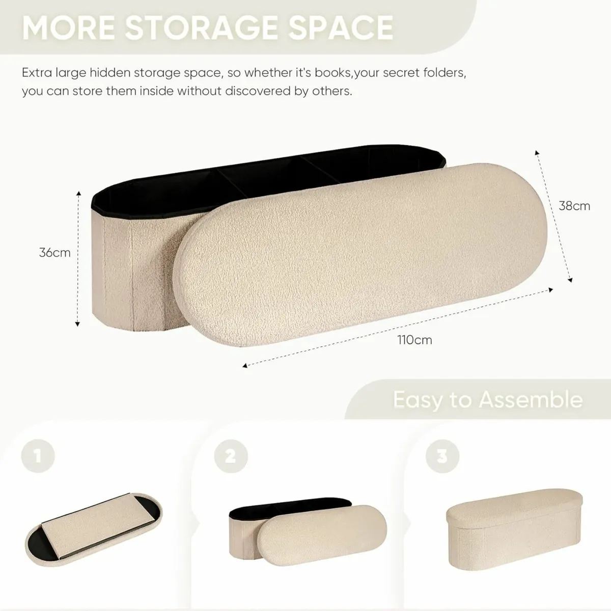 Ottoman Storage Bench Folding Boucle Footstool - Image 3