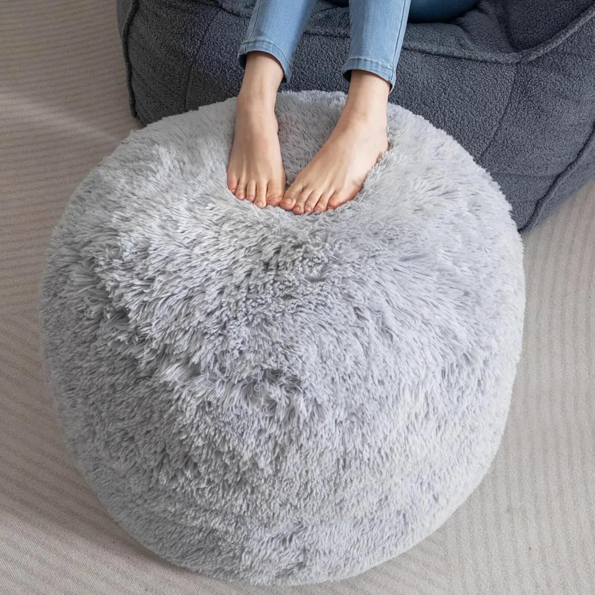 Faux Fur Beanbags Round Footstool Bean Bag Pouf - Image 1