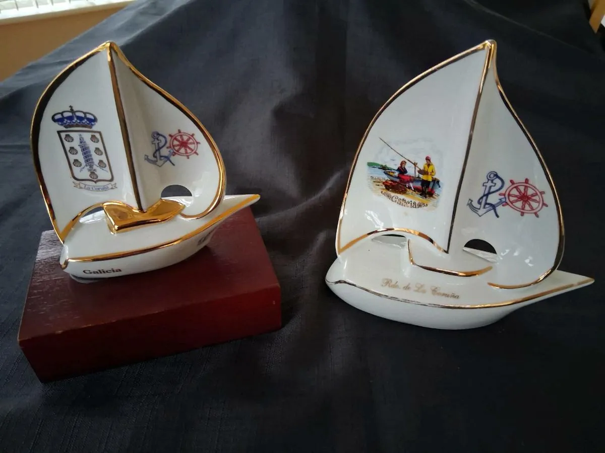 2 Ceramic Porcelain Sailing Boat Ornaments - Image 1