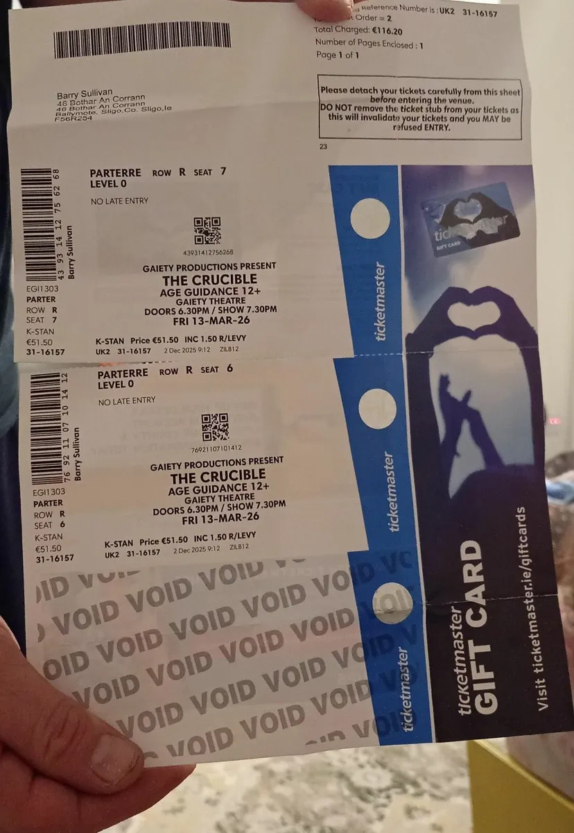 'The Crucible' at the Gaeity (2 tickets)