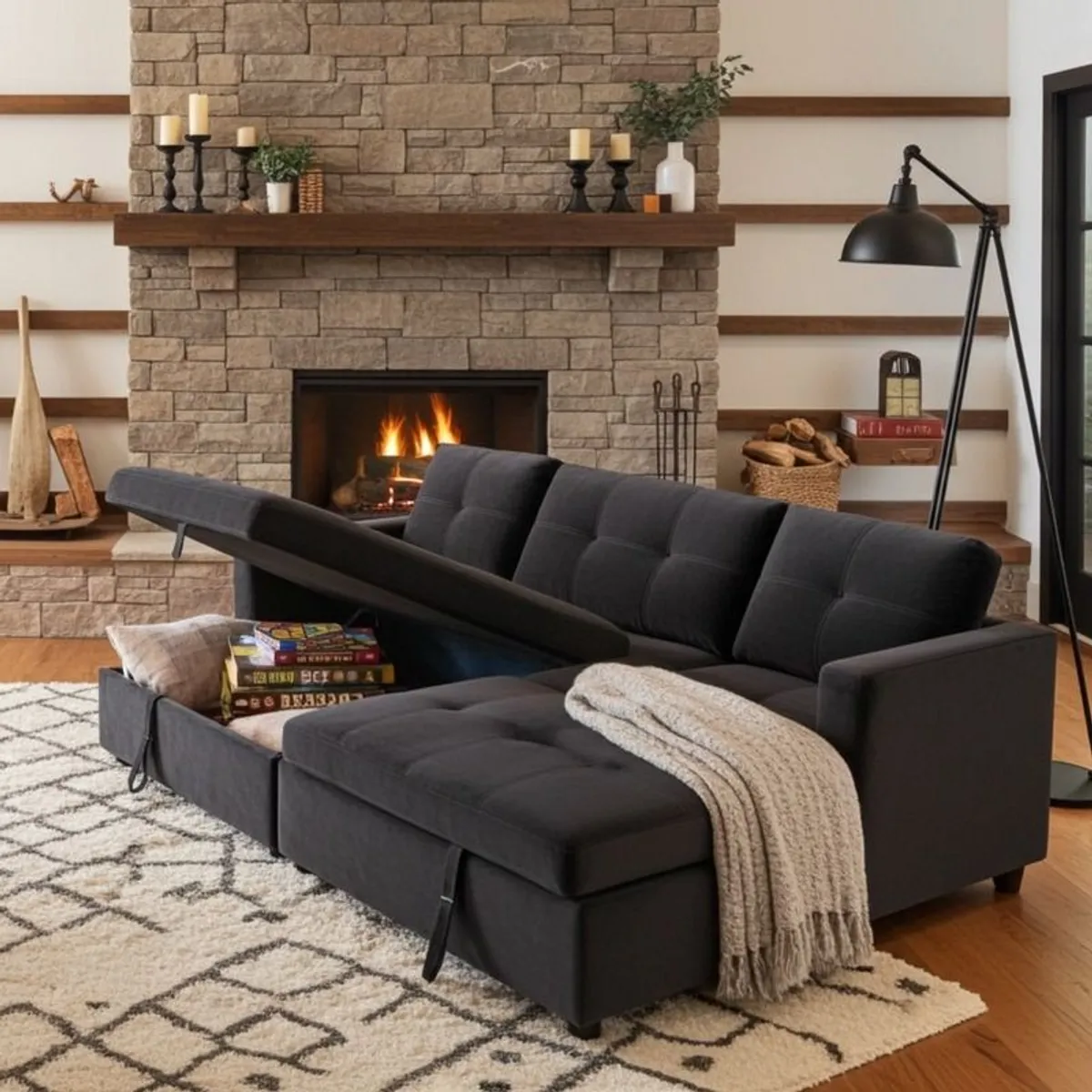 Amazing Black Velvet corner sofa bed with storage - Image 3