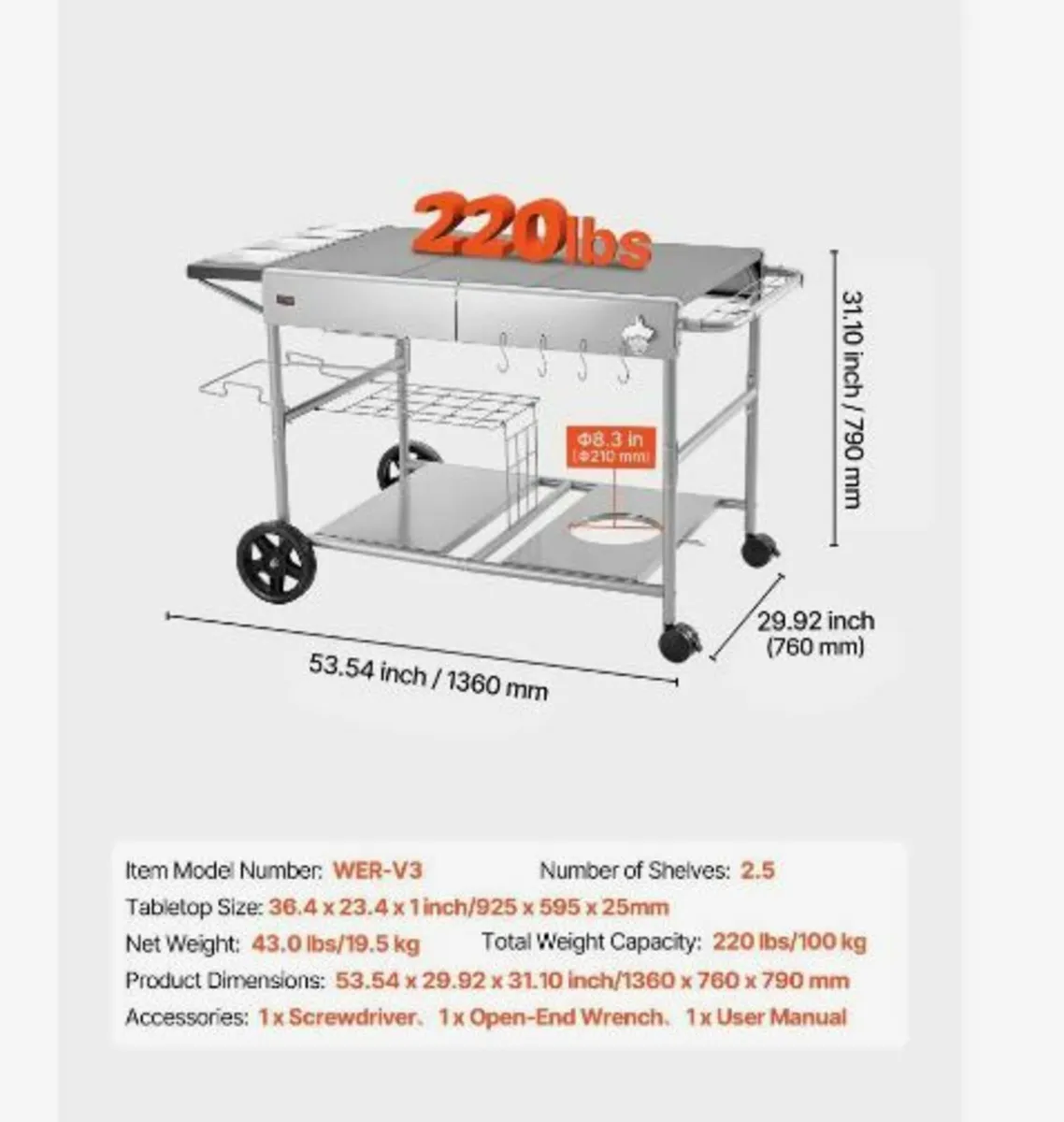 Outdoor Grill Cart, 925 x 595 x 25mm - Image 4