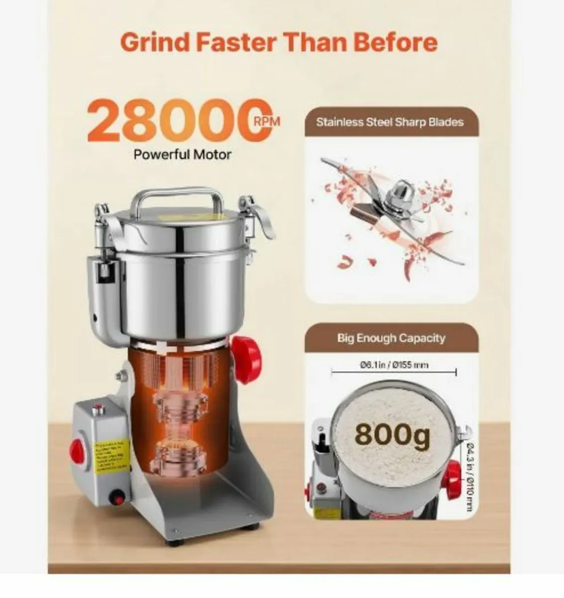 Electric Grain Mill Grinder, 800g Commercial - Image 2