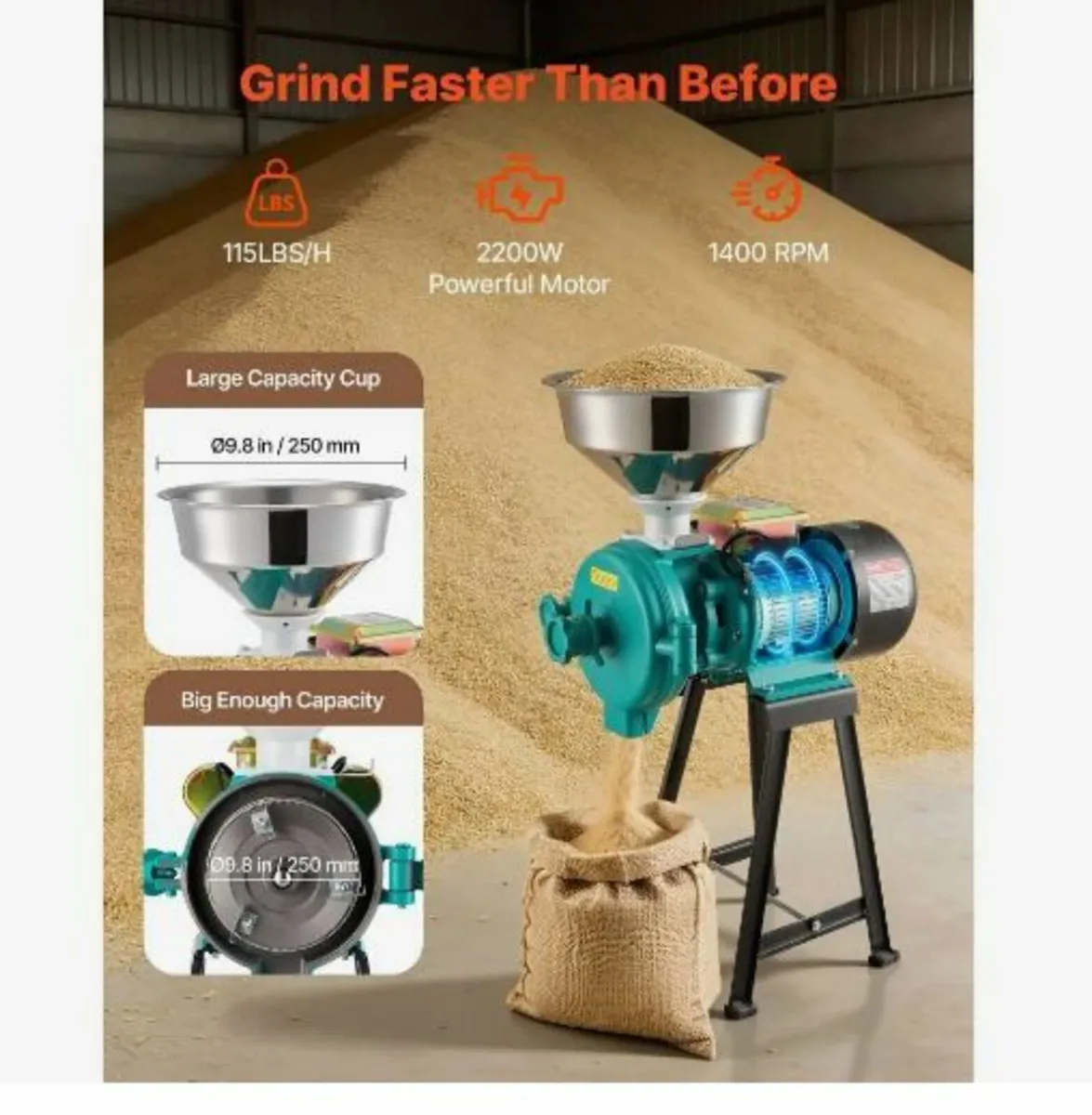 Electric Grain Mill Grinder, 110 lbs/H Commercial - Image 4