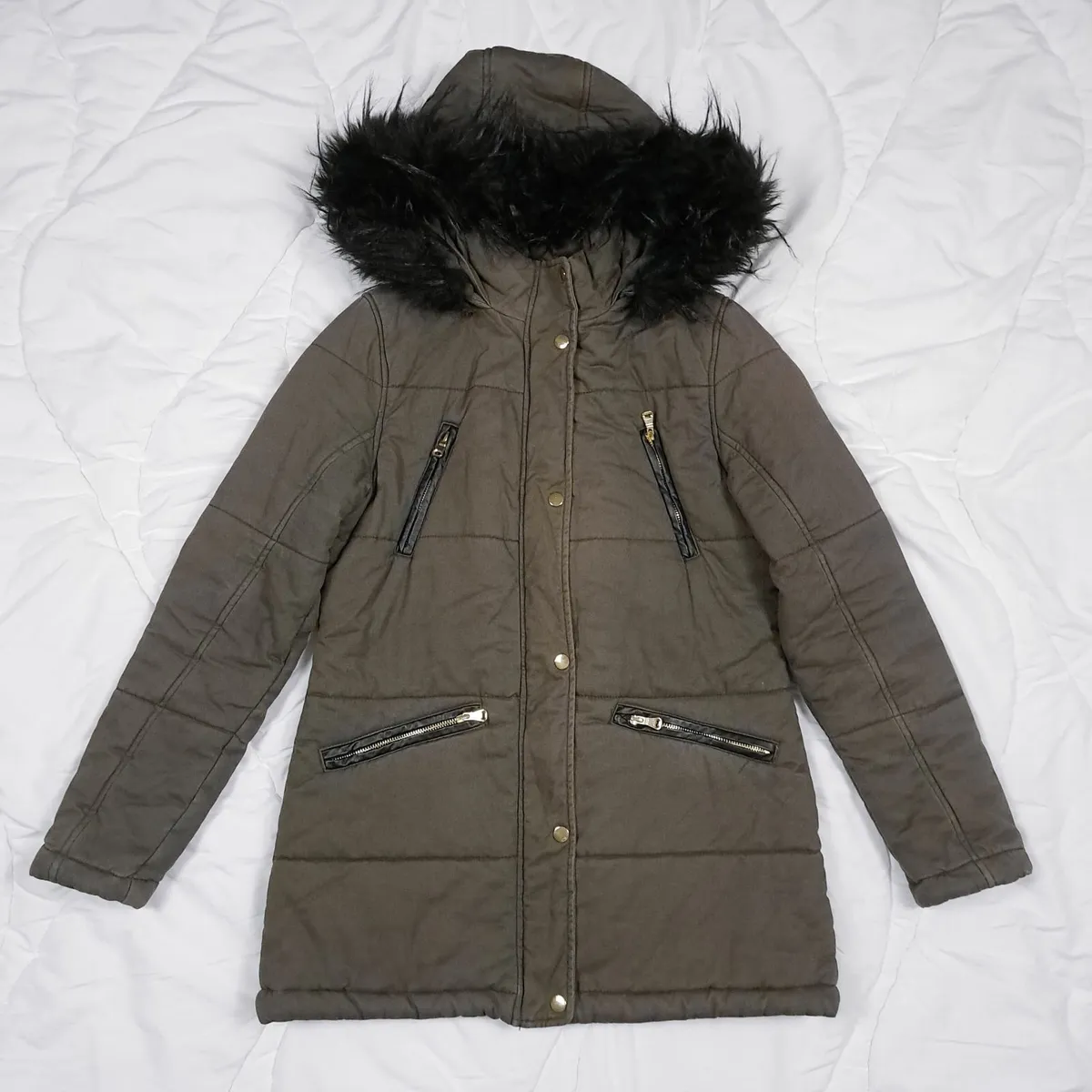 Fluid Khaki Green Faux Fur Hood Puffer Coat 10UK - Image 1