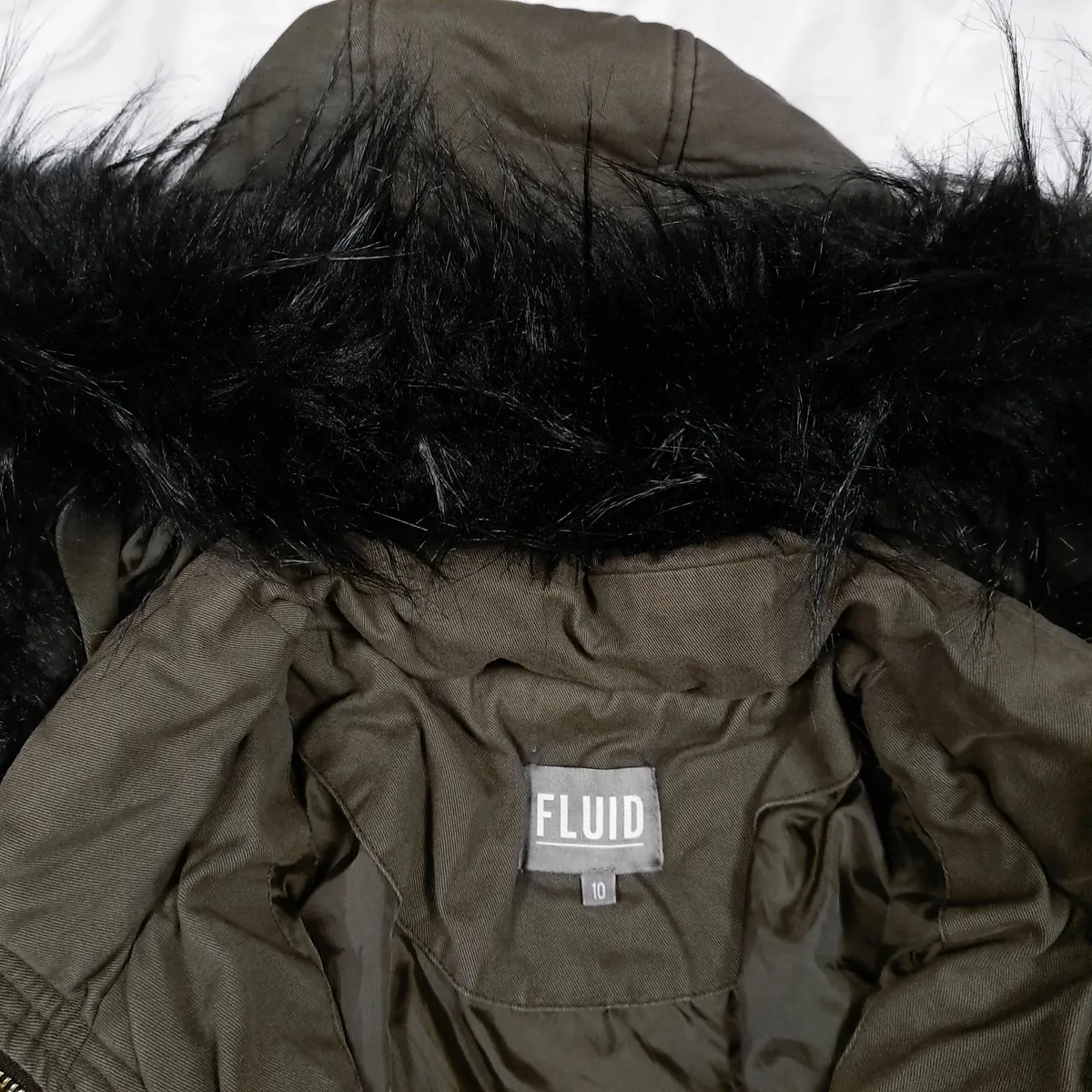 Fluid Khaki Green Faux Fur Hood Puffer Coat 10UK - Image 4