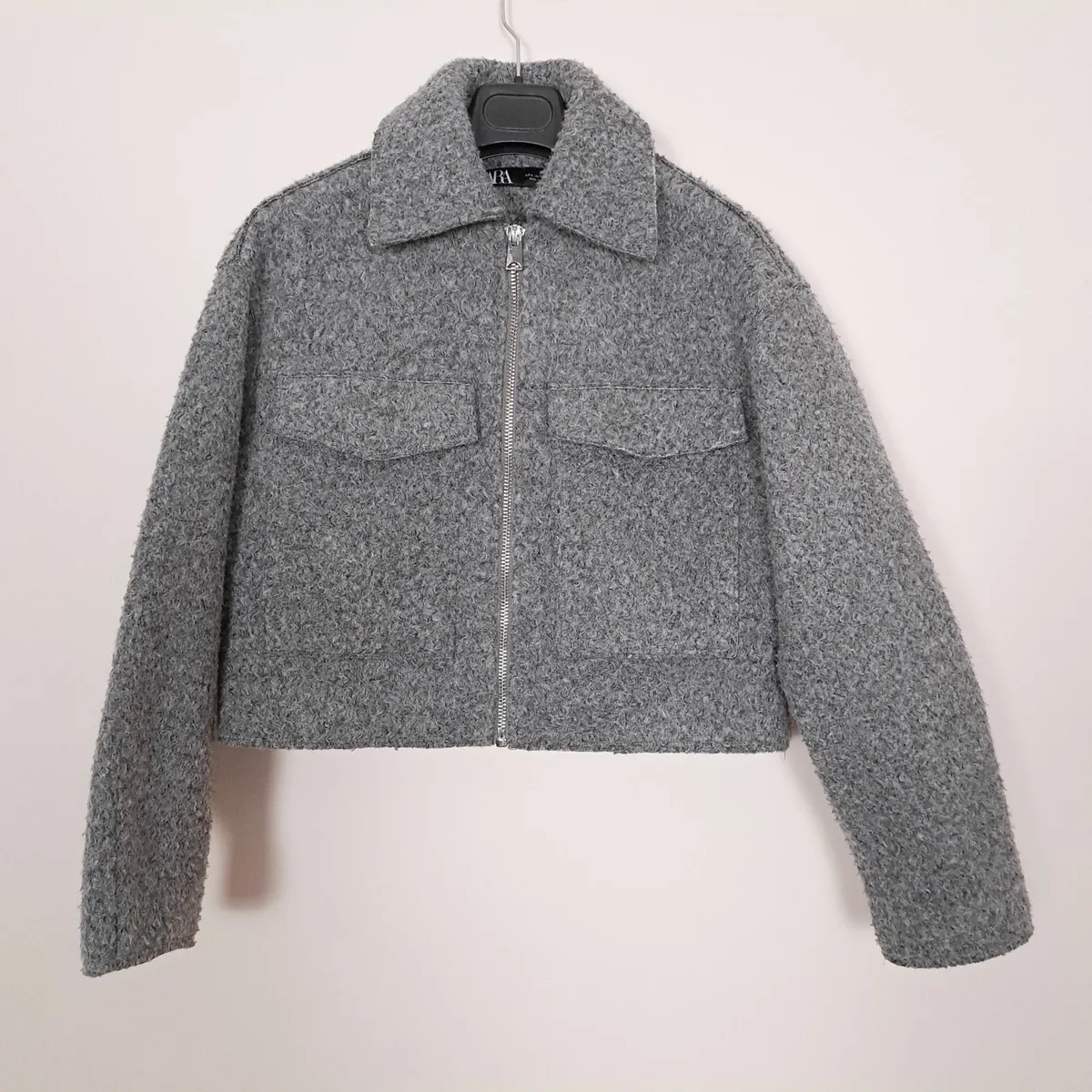 Zara Grey Textured Cropped Zip Up Jacket Size S - Image 1
