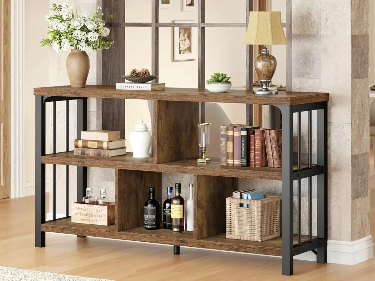Farmhouse 3 Tier Open Book Shelf Wood and Metal 5 - Image 1