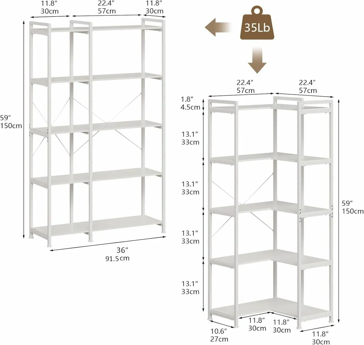 5 Tiers Corner Bookcases L Shaped Bookshelves - Image 2
