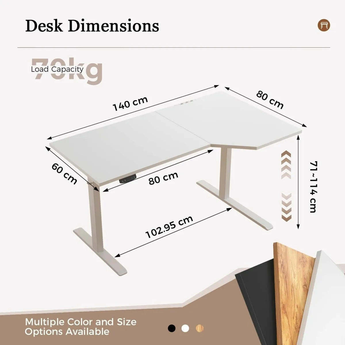 L-shaped Height Adjustable Desk 140 x (60-80 cm) - Image 2