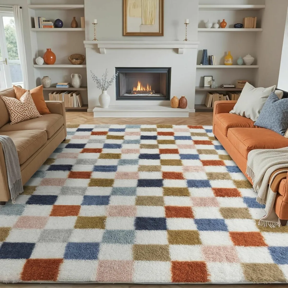 Fluffy Checkered Rugs Living Room Large Area Rug - Image 1