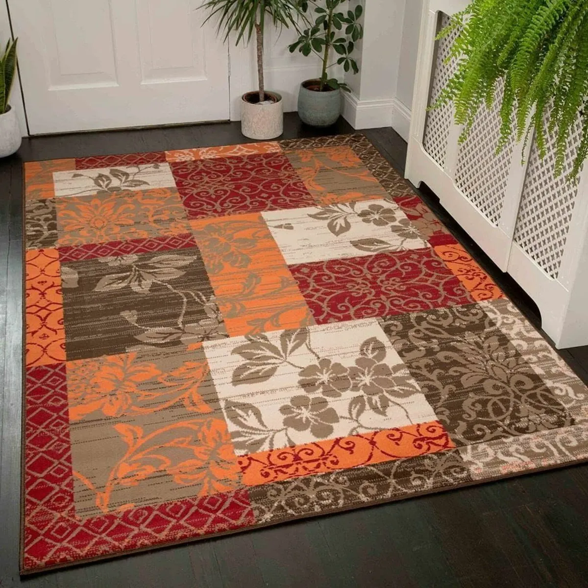 Traditional Red Orange Brown Floral Patchwork Rug