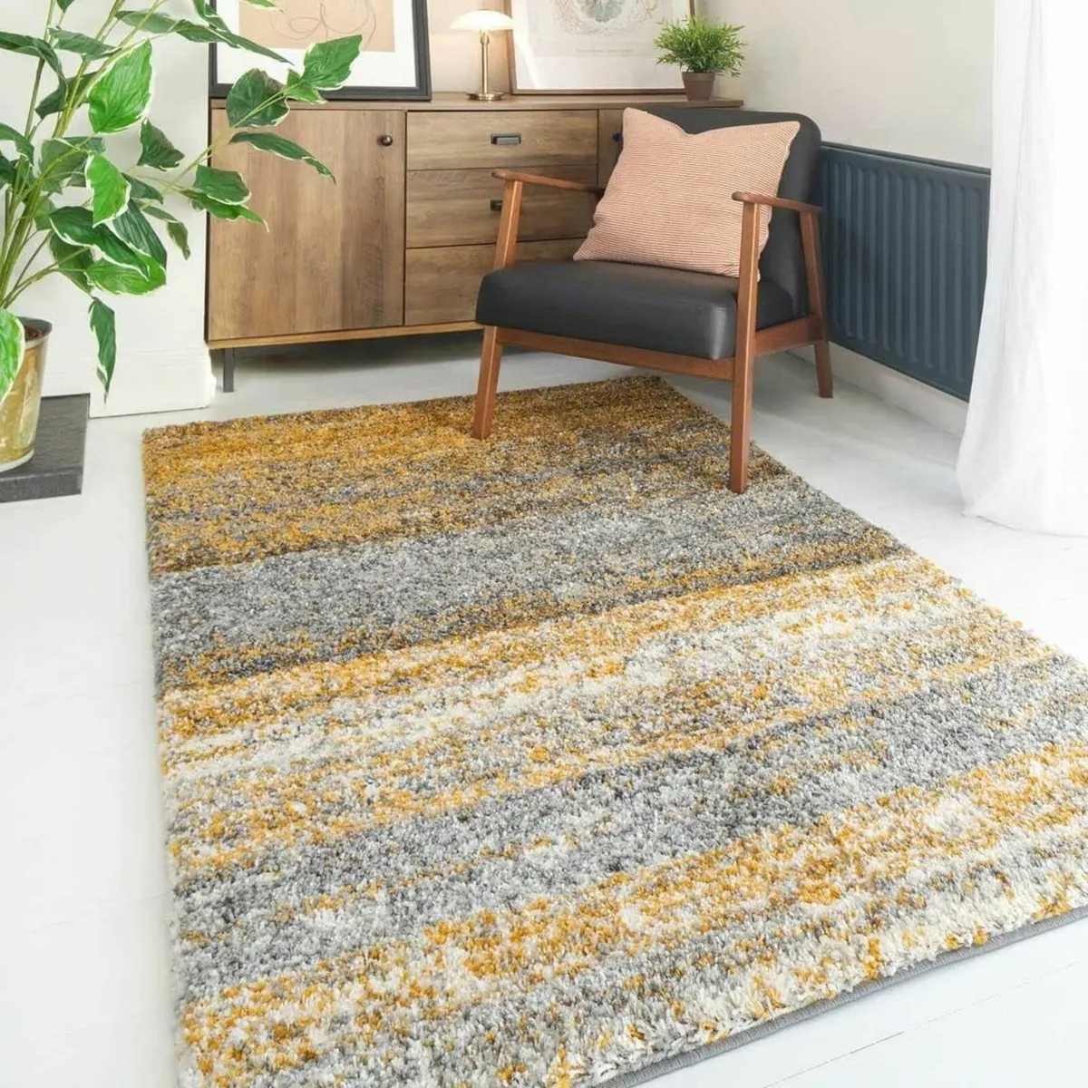Shaggy Plain Ochre Yellow Rug Fluffy Lounge - Image 1