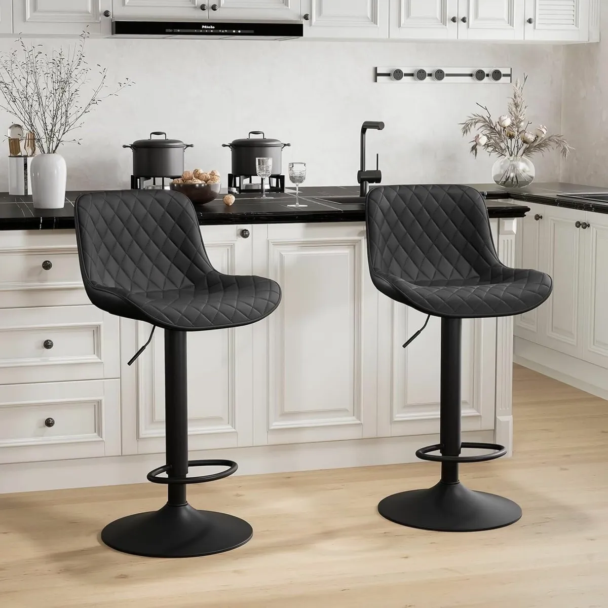 Bar Stool Set of 2 with Back Adjustable Height PU - Image 1