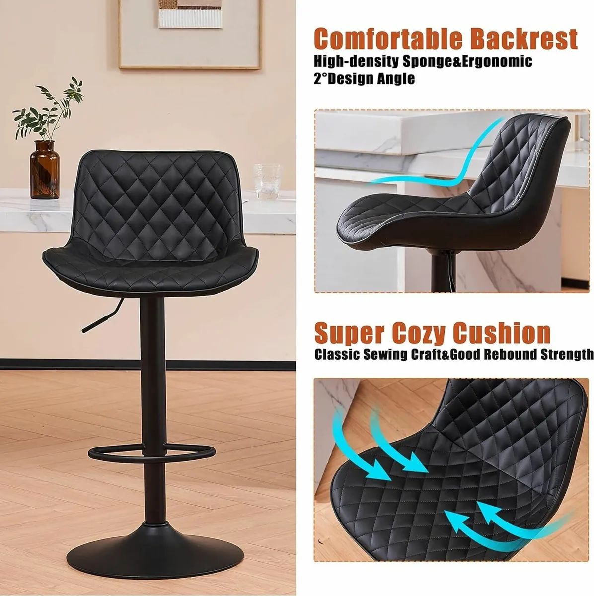 Bar Stool Set of 2 with Back Adjustable Height PU - Image 3