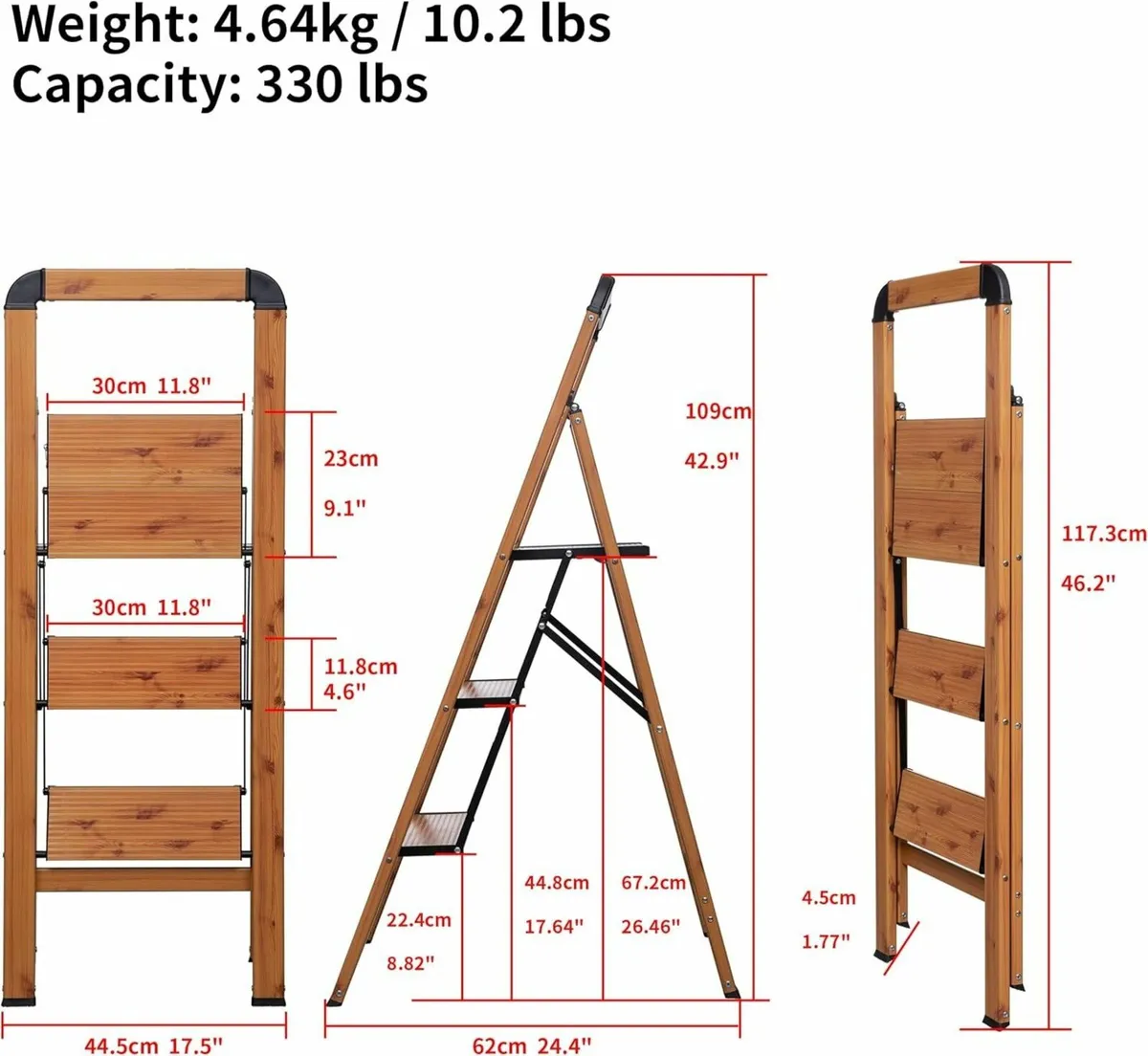 Step Ladder 3-Step Woodgrain Finish Aluminum - Image 3